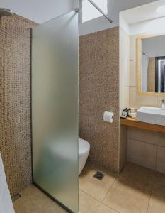 阿吉亚玛丽娜Apollo Resort的一间带玻璃淋浴间和卫生间的浴室