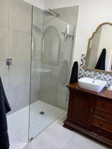 德班Stirling Cottage的带淋浴、盥洗盆和镜子的浴室