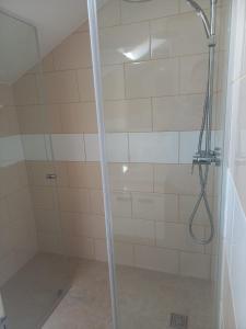 阿科达卡列塔Casa Dos Ramos的浴室里设有玻璃门淋浴