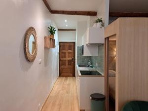 拉西约塔Renovated fully equipped studio for 2 to 4 pers的一个带水槽和镜子的小厨房