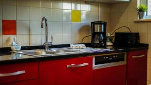吉亚Quinta da Felicidade, Casa Estrela的一间带红色橱柜和水槽的厨房