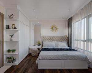 河内Lu Luxury Homestay et Apartment - Vinhomes Smart City Hanoi的一间卧室设有一张大床和一个窗户。