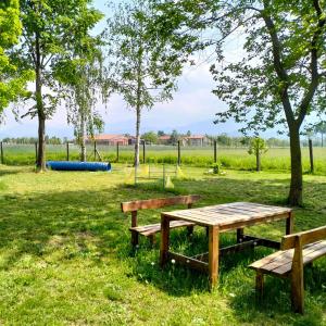 库尼奥B&B Belelì Daramba的公园里的一张野餐桌和两张长椅