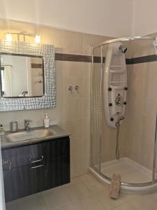 KiónionArgalios Studios的带淋浴、盥洗盆和镜子的浴室