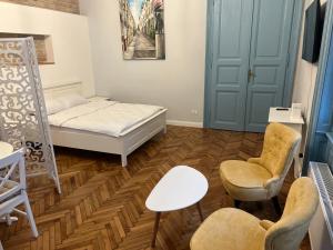 蒂米什瓦拉VISAJ Deluxe Downtown的小房间,配有一张床和两把椅子