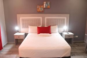 卡萨内Amariah Lodge的卧室配有一张大白色床和红色枕头