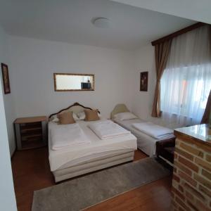 莫斯塔尔Hostel Lena-Mostar的卧室配有一张床,墙上设有镜子