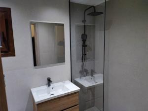 亚历山德鲁波利斯Mary's Apartment的一间带两个水槽和玻璃淋浴间的浴室