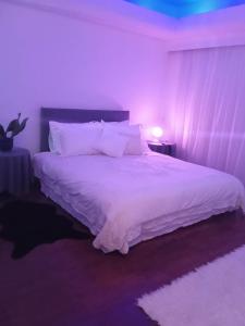 AglantziaLuxurious 1-Bedroom Guesthouse的一间卧室配有白色床和紫色灯