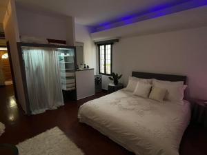 AglantziaLuxurious 1-Bedroom Guesthouse的一间卧室配有白色床和紫色照明