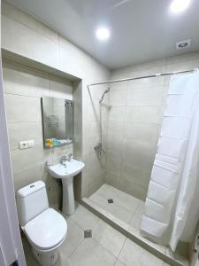 库塔伊西Room 27 in Kutaisi的浴室配有卫生间、淋浴和盥洗盆。