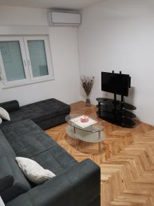 BilećaAD Apartman Bileća的客厅配有黑色沙发和电视