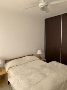 康考迪亚Torre Mitre的一间卧室配有一张床和吊扇