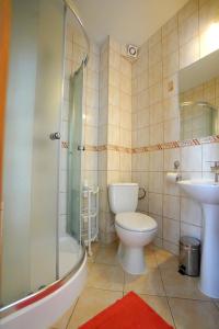 比利但耶克Kwatery u Malika-blisko do basenów Termalnych的浴室配有卫生间、淋浴和盥洗盆。