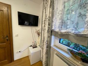 科隆Airport Rooms Waldblick的客房设有带电视和窗帘的窗户。