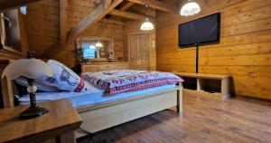上洛姆纳Roubenka Lomná的一间卧室配有一张床和一台平面电视