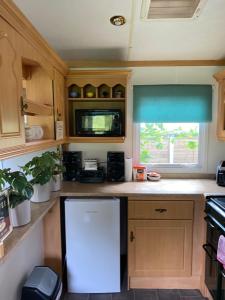 麦克尔斯菲尔德Monks Heath fold mobile home的厨房配有白色冰箱和微波炉