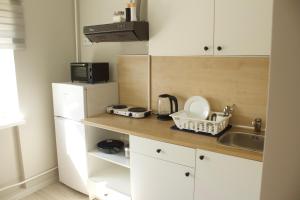 叶卡布皮尔斯Modern Apartment in Jekabpils的厨房配有水槽和白色冰箱