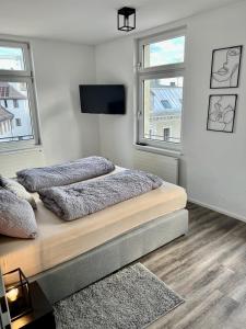 布雷根茨Penthouse im Zentrum von Bregenz的一间卧室配有两张床和一台平面电视