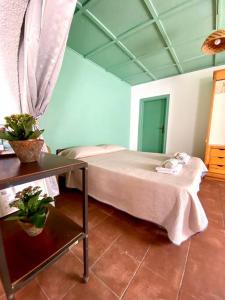 明图尔诺CasaMoltoCarina Cottage Garden的一间卧室配有一张床和一张植物桌子