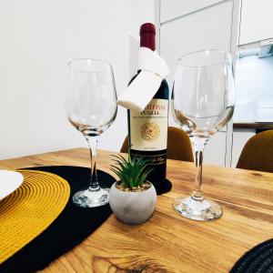 雅戈丁那VIP Apartment的桌子上放有一瓶葡萄酒和两杯酒