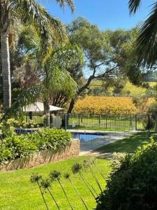 麦克拉伦谷阿曼德住宿加早餐旅馆的花园内的游泳池,花园内有围栏和树木
