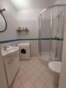 华沙Perfect location, cozy flat的带淋浴、卫生间和盥洗盆的浴室