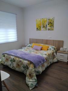 蓬费拉达Apartamento Casco Antiguo Ponferrada的一间卧室配有一张带彩色床单的大床