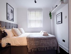 伦敦Luxury 2BR Flat in Hip Notting Hill的一间卧室配有一张带毯子的床和窗户