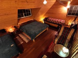 雾岛市星空に包まれる 森の隠れ家　Amrita Lodge ~stay & retreat~的卧室享有上方的景致,配有1张床和1张沙发