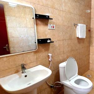 朱巴Juba Landmark Hotel的一间带水槽、卫生间和镜子的浴室