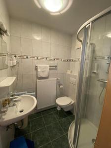 VorderwölchGasthof-Pension Kleinhenner的浴室配有卫生间、盥洗盆和淋浴。