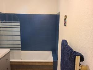 尚鲁斯Grand appartement au pied des pistes !的带淋浴的浴室和蓝色的墙壁