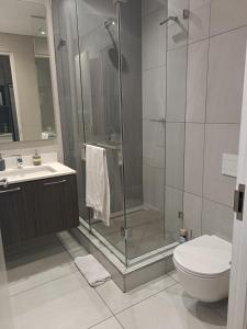 比勒陀利亚Menlyn Maine Trilogy Apartment 101的带淋浴、卫生间和盥洗盆的浴室