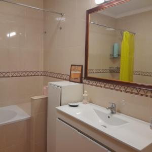 米尔芳提斯城CASA DOS 2 PÁTIOS by Stay in Alentejo的一间带水槽和镜子的浴室以及一台冰箱