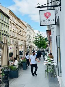 维也纳列支敦士登旅馆的咖啡馆前人走人行道