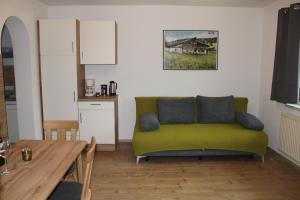 海因岑贝格Apart Hanna的客厅配有绿色沙发和桌子