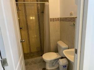 库斯科Hogarcito的浴室配有卫生间、淋浴和盥洗盆。