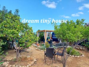 干尼亚Dream Tiny House or Luxus Tent with pool的一座种植了橘子树的花园,一座梦幻般的小房子
