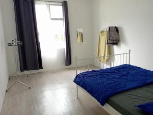 丹那美拉COZY HOMESTAY的一间卧室配有一张带蓝色床单的床和一扇窗户。