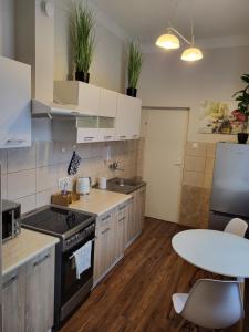 普热梅希尔Apartamenty Rynek K的厨房配有白色橱柜、桌子和台面