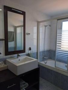 雷塔马尔ÁticoToyoAlmeria的浴室配有水槽、淋浴和浴缸。