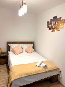 克拉约瓦CRISTAL Home Boutique Apartment 1 - Confort, Spatios, Linistit, Zona de interes的一间卧室配有带白色床单和粉红色枕头的床。