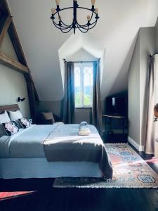 吉维尼Orpheus Lodge的一间卧室配有一张大床和一个吊灯。