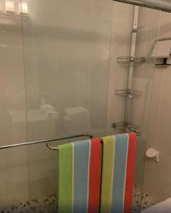 新肖雷汉姆Ballard's Beach Resort的带淋浴和条纹毛巾的浴室