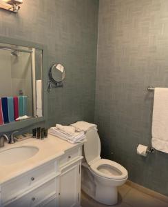 新肖雷汉姆Ballard's Beach Resort的一间带卫生间、水槽和镜子的浴室