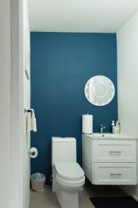 巴斯特尔La Vue de Basseterre Apartments - Luxury in Bird Rock的浴室设有白色卫生间和蓝色的墙壁。