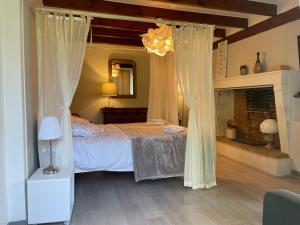 Le Domaine de la Gravette的一间卧室配有一张带窗帘的床和壁炉