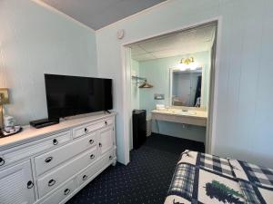 麦基诺城美国精品旅馆 - 湖景的一间卧室设有带电视的梳妆台和一间浴室。
