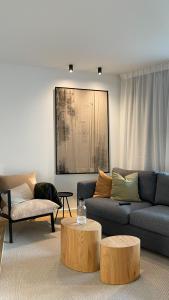 温特贝格INSIDE WINTERBERG - Design Apartment - Ski Bike Sauna的客厅配有两张沙发和两张桌子